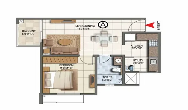 Purva Heron 1 BHK Floor Plan