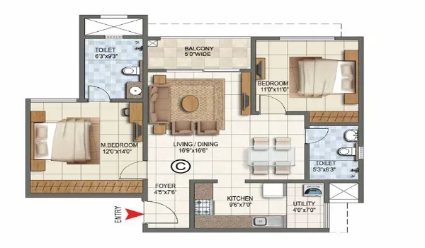 Purva Heron 2 BHK Floor Plan